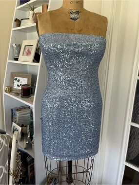 Urban Outfitters Silver-Blue Sequin Strapless Mini Dress
